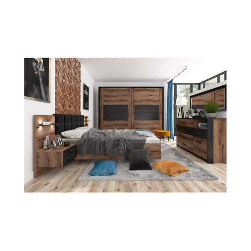 Lit Double 180x200 + 2 Tables De Chevet Éclairage LED Coloris Chêne Marron Foncé/chêne Noir