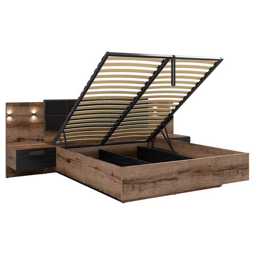 Lit Coffre 180x200 + 2 Tables De Chevet Avec Éclairage LED Avec Sommier Et Rangement