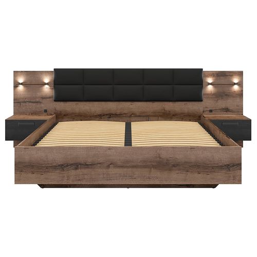 Lit Coffre 180x200 + 2 Tables De Chevet Avec Éclairage LED Avec Sommier Et Rangement