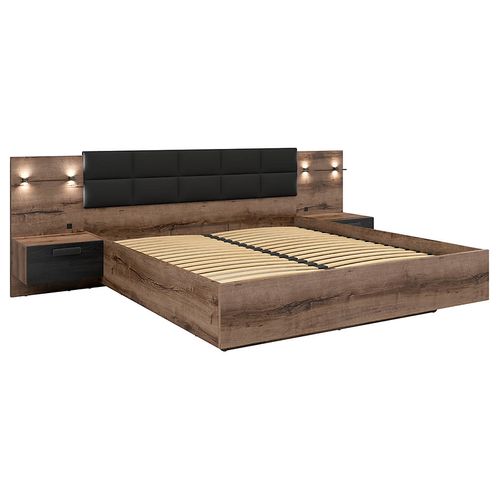 Lit Coffre 180x200 + 2 Tables De Chevet Avec Éclairage LED Avec Sommier Et Rangement