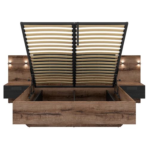 Lit Coffre 180x200 + 2 Tables De Chevet Avec Éclairage LED Avec Sommier Et Rangement