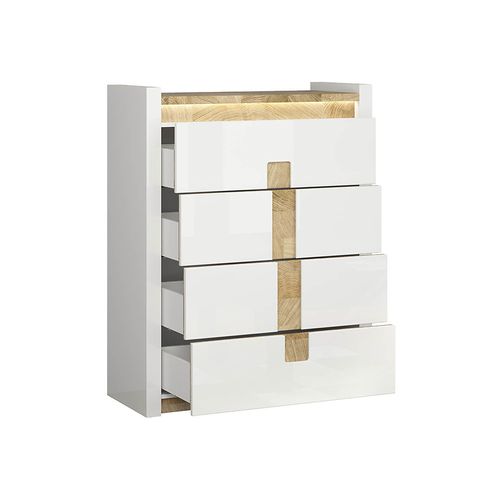 Commode à 4 Tiroirs Meuble Avec Éclairage LED, Coloris Blanc Brillant/chêne Clair