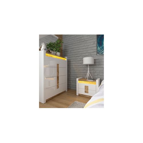 Commode à 4 Tiroirs Meuble Avec Éclairage LED, Coloris Blanc Brillant/chêne Clair