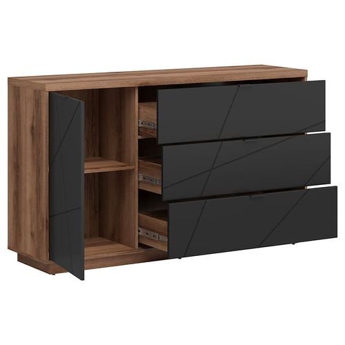 Commode Buffet Avec 1 Porte Et 3 Tiroirs, Coloris Chêne Delano / Noir Mat