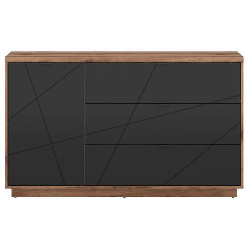 Commode Buffet Avec 1 Porte Et 3 Tiroirs, Coloris Chêne Delano / Noir Mat