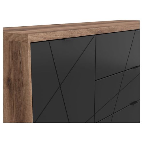 Commode Buffet Avec 1 Porte Et 3 Tiroirs, Coloris Chêne Delano / Noir Mat