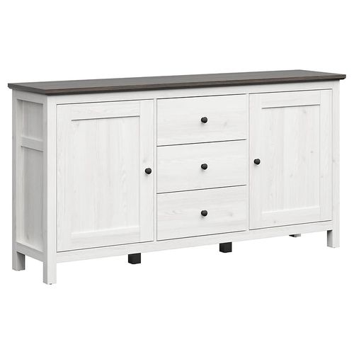 Commode Buffet à 2 Portes Et 3 Tiroirs, Coloris Gris Mélèze Clair / Pin Larico