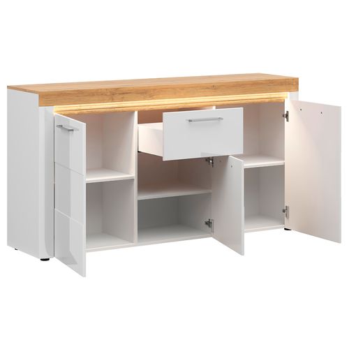 Commode Buffet à 3 Portes Et 1 Tiroir Avec Éclairage LED Coloris Chêne Doré/blanc Haute Brillance