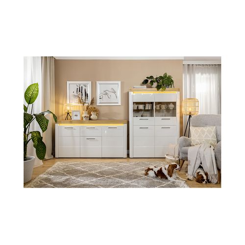 Commode Buffet à 3 Portes Et 1 Tiroir Avec Éclairage LED Coloris Chêne Doré/blanc Haute Brillance