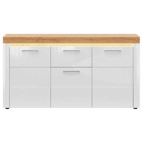 Commode Buffet à 3 Portes Et 1 Tiroir Avec Éclairage LED Coloris Chêne Doré/blanc Haute Brillance