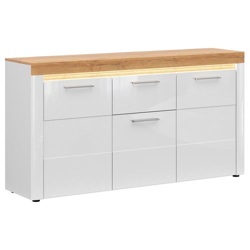 Commode Buffet à 3 Portes Et 1 Tiroir Avec Éclairage LED Coloris Chêne Doré/blanc Haute Brillance