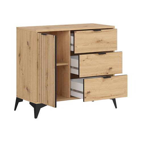 Commode Meuble De Rangement Avec 1 Porte Et 3 Tiroirs,coloris Chêne Artisan