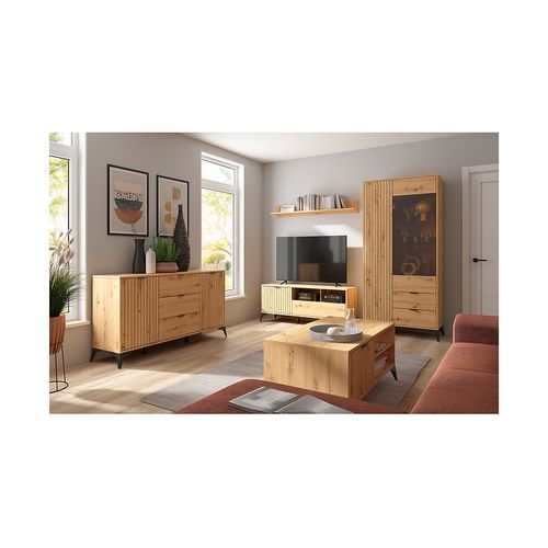 Vitrine Basse à 2 Portes Et Un Tiroir,coloris Chêne Artisan - L. 90 X P. 41 X H. 133 Cm