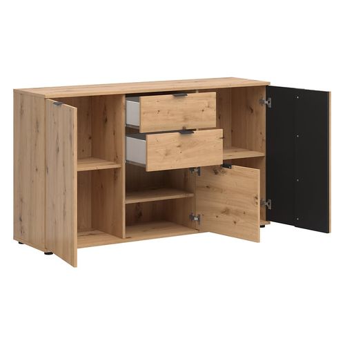 Commode Buffet à 3 Portes Et 2 Tiroirs ,coloris Chêne Artisan/noir - L. 150.5 X P. 40 X H. 87 Cm