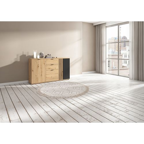 Commode Buffet à 3 Portes Et 2 Tiroirs ,coloris Chêne Artisan/noir - L. 150.5 X P. 40 X H. 87 Cm