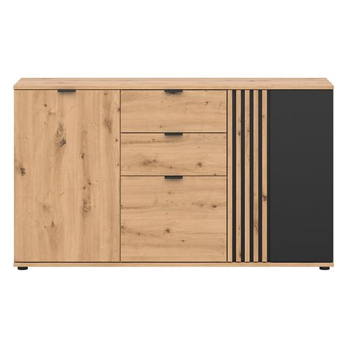 Commode Buffet à 3 Portes Et 2 Tiroirs ,coloris Chêne Artisan/noir - L. 150.5 X P. 40 X H. 87 Cm