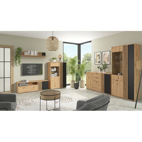 Commode Buffet à 3 Portes Et 2 Tiroirs ,coloris Chêne Artisan/noir - L. 150.5 X P. 40 X H. 87 Cm