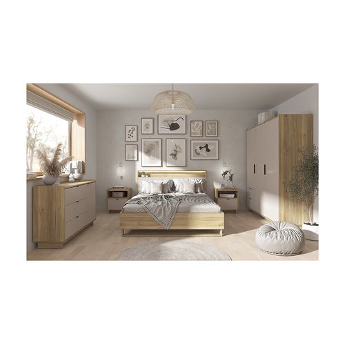 Commode Buffet à 1 Porte Et 3 Tiroirs Coloris Chêne Mauvella/beige - L. 134 X P. 42 X H. 86 Cm