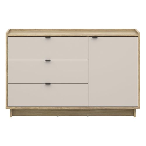 Commode Buffet à 1 Porte Et 3 Tiroirs Coloris Chêne Mauvella/beige - L. 134 X P. 42 X H. 86 Cm