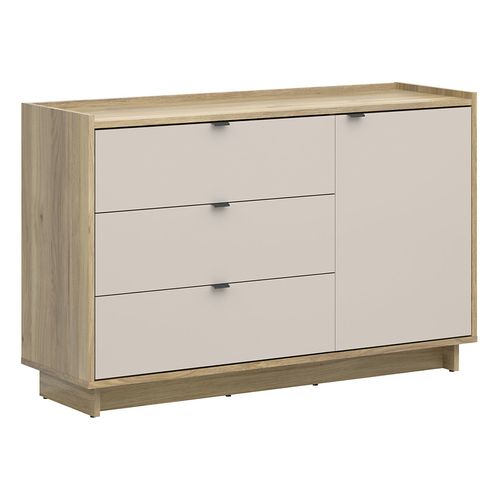 Commode Buffet à 1 Porte Et 3 Tiroirs Coloris Chêne Mauvella/beige - L. 134 X P. 42 X H. 86 Cm