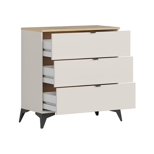 Commode 3 Tiroirs ,coloris Chêne Mauvella/beige - Longueur 85 X Profondeur 41,5 X Hauteur 90 Cm