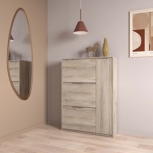 Meuble à Chaussures 3 Abattants 1 Porte Couleur Chêne - L. 90,7 X P. 26,1 X H. 122,9 Cm