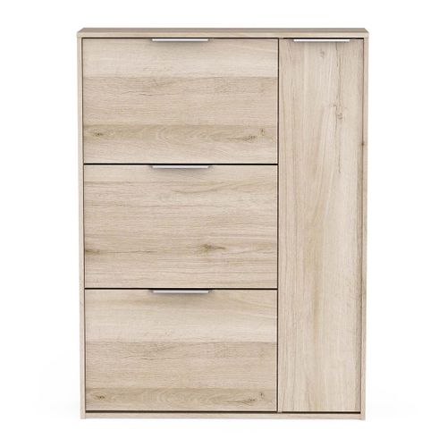 Meuble à Chaussures 3 Abattants 1 Porte Couleur Chêne - L. 90,7 X P. 26,1 X H. 122,9 Cm