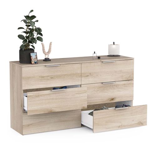 Commode Meuble De Rangement 6 Tiroirs Couleur Chêne - L. 151,3 X P. 41,2 X H. 81,1 Cm
