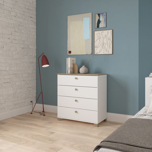 Commode Meuble De Rangement 4 Tiroirs Couleur Chêne / Blanc Mat - L. 79,7 X P. 41,9 X H. 85,1 Cm