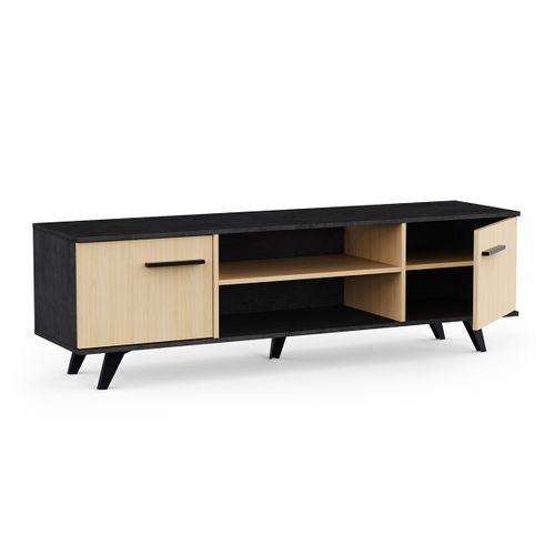 Meuble TV 2 Portes Avec Rangement Couleur Chêne / Anthracite - L. 151,4 X P. 39,3 X H. 46,2 Cm