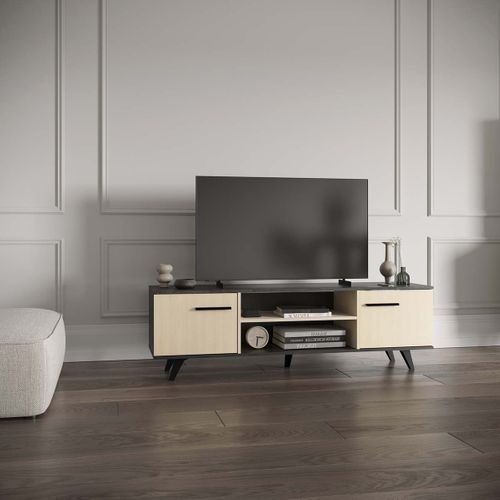 Meuble TV 2 Portes Avec Rangement Couleur Chêne / Anthracite - L. 151,4 X P. 39,3 X H. 46,2 Cm