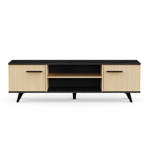 Meuble TV 2 Portes Avec Rangement Couleur Chêne / Anthracite - L. 151,4 X P. 39,3 X H. 46,2 Cm