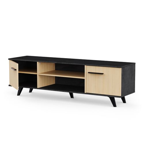 Meuble TV 2 Portes Avec Rangement Couleur Chêne / Anthracite - L. 151,4 X P. 39,3 X H. 46,2 Cm