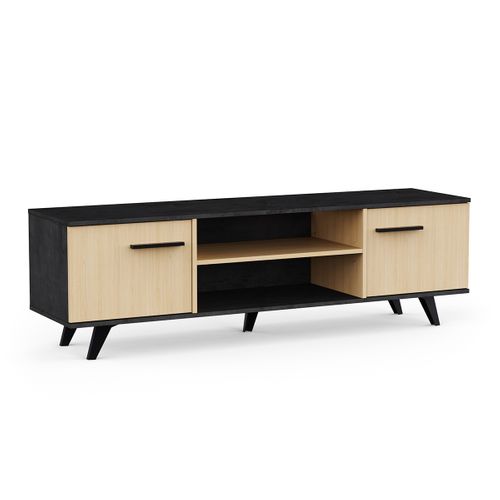 Meuble TV 2 Portes Avec Rangement Couleur Chêne / Anthracite - L. 151,4 X P. 39,3 X H. 46,2 Cm