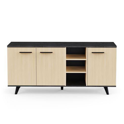 Buffet Bas Meuble De Rangement 3 Portes 3 Niches Couleur Chêne / Anthracite