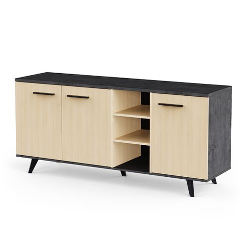 Buffet Bas Meuble De Rangement 3 Portes 3 Niches Couleur Chêne / Anthracite