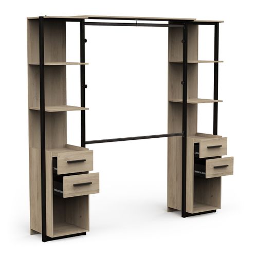 Kit Dressing 2 Colonnes Avec Penderie Couleur Chêne / Noit Mat - L. 210 X P. 41,5 X H. 204,4 Cm