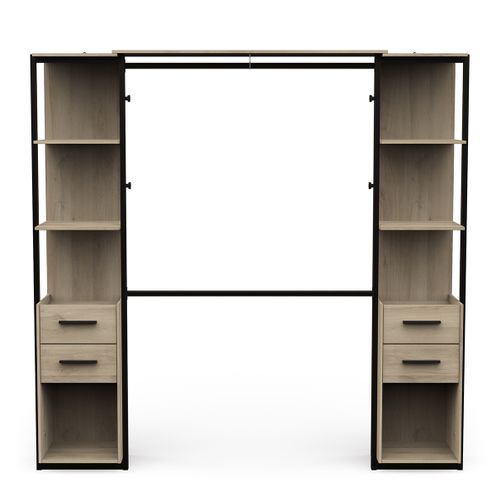 Kit Dressing 2 Colonnes Avec Penderie Couleur Chêne / Noit Mat - L. 210 X P. 41,5 X H. 204,4 Cm