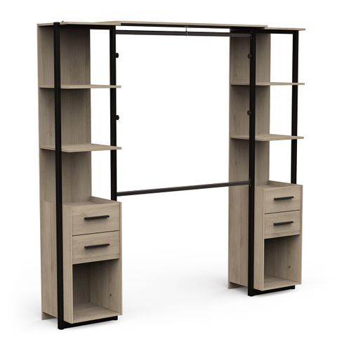 Kit Dressing 2 Colonnes Avec Penderie Couleur Chêne / Noit Mat - L. 210 X P. 41,5 X H. 204,4 Cm