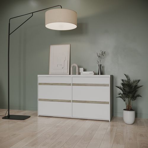Commode Meuble De Rangement 6 Tiroirs Couleur Blanc Mat / Chêne - L. 154,5 X P. 50 X H. 89,2 Cm