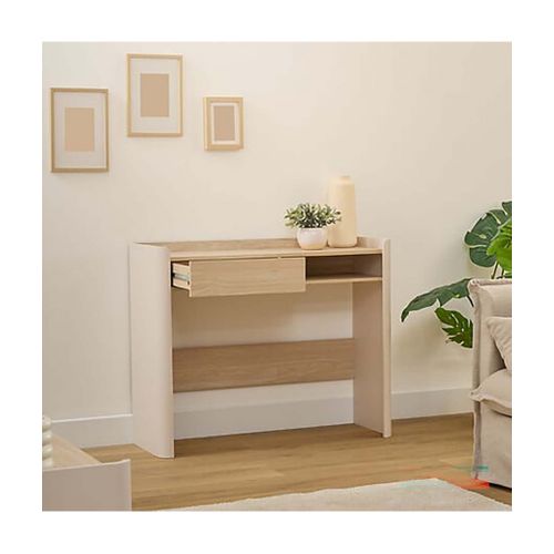 Console Table Bureau Avec Une Niche Et 1 Tiroir, Coloris Chêne/ivoire - L. 100 X P. 35 X H. 80 Cm