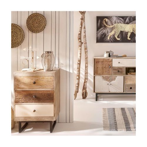 Table De Chevet Table De Nuit De 3 Tiroirs En Bois De Manguier Aspect Vieilli