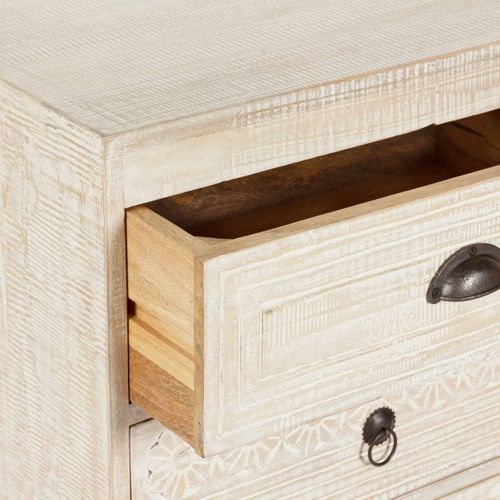 Table De Chevet Table De Nuit De 3 Tiroirs En Bois De Manguier Sculpté Coloris Blanc