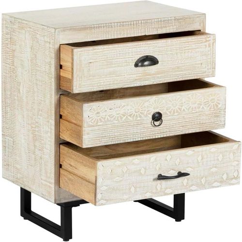 Table De Chevet Table De Nuit De 3 Tiroirs En Bois De Manguier Sculpté Coloris Blanc