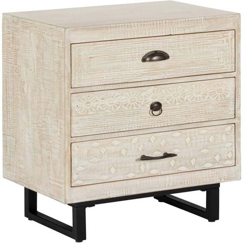 Table De Chevet Table De Nuit De 3 Tiroirs En Bois De Manguier Sculpté Coloris Blanc