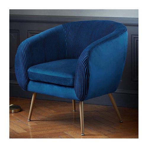 Fauteuil En Velours Coloris Bleu Plissé Et Pieds En Métal Doré - L. 74 X P. 70 X H. 78 Cm