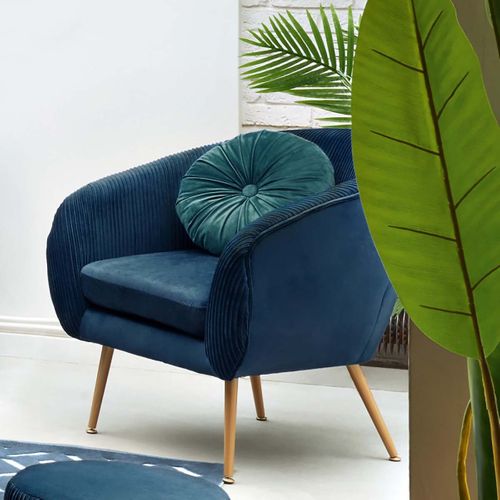 Fauteuil En Velours Coloris Bleu Plissé Et Pieds En Métal Doré - L. 74 X P. 70 X H. 78 Cm
