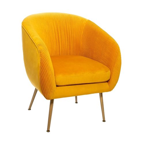 Fauteuil En Velours Coloris Ocre Plissé Et Pieds En Métal Doré - L. 74 X P. 70 X H. 78 Cm