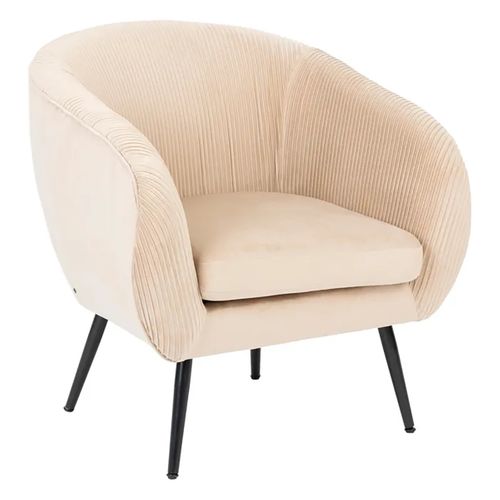 Fauteuil En Velours Coloris Beige Plissé Et Pieds En Métal Noir - L. 74 X P. 70 X H. 78 Cm