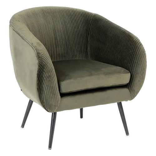 Fauteuil En Velours Coloris Kaki Plissé Et Pieds En Métal Noir - L. 74 X P. 70 X H. 78 Cm